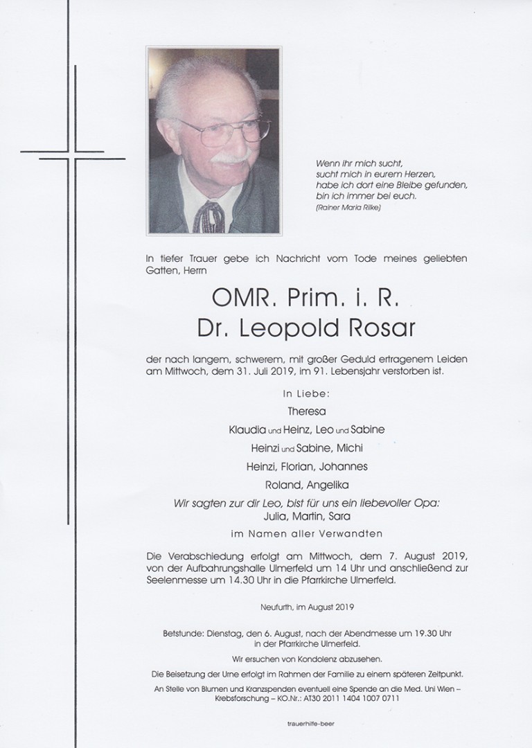 Parte OMR. Prim. i. R. Dr. Leopold Rosar