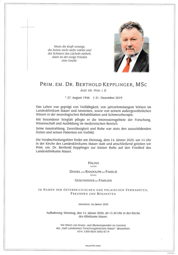 Parte Prim. em. Dr. Berthold Kepplinger, MSc